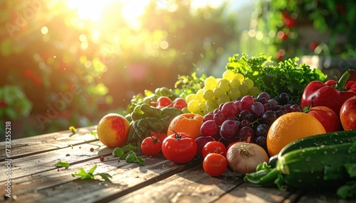 Close Up of Fresh Vegetables and Fruits on Rustic Wood Table With Sunlight
