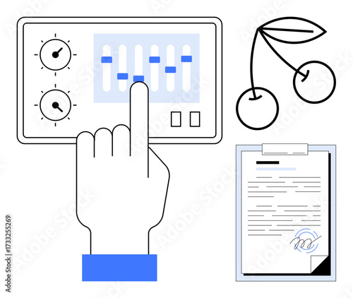 Hand adjusting sliders on control panel, cherries, signed document symbolizing decision-making, precision, agreements, and balance. Ideal for productivity, management, contracts quality creativity