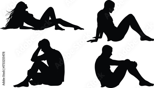 Silhouette of men and women sitting on ground in different poses, human body outline, figure design, relaxed vector illustration