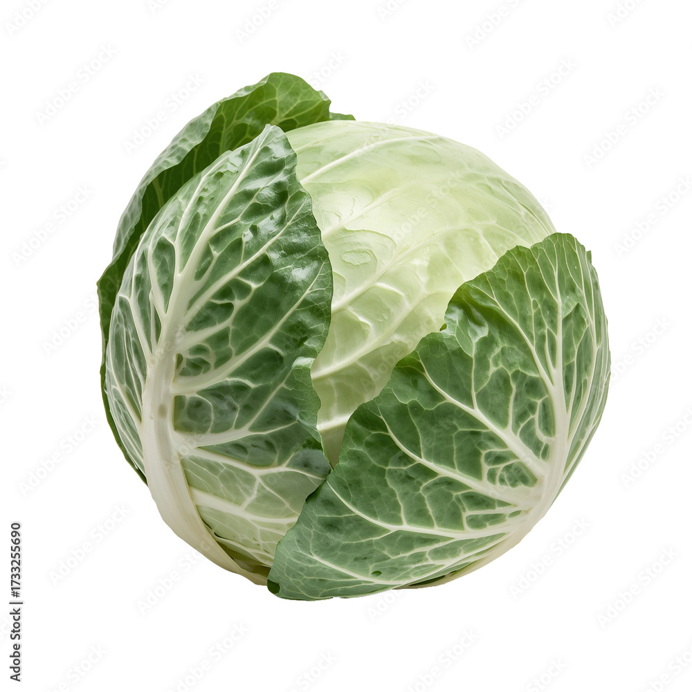 Obraz premium Whole Fresh Green Cabbage Head Isolated on White Background with Realistic Shadow