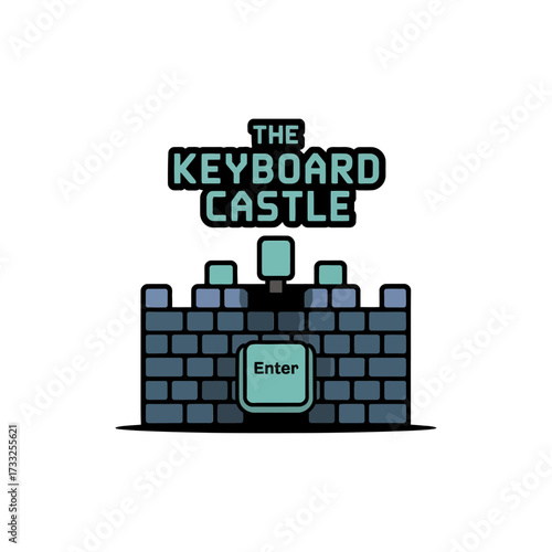 keyboard castle logo, brick fortress with keys, digital typing emblem, gaming community brand, creative tech icon, vector illustration