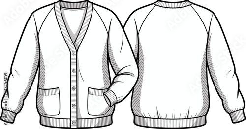 Cardigan sweater fashion illustration, front and back view, raglan sleeve, V-neck, button-down, patch pockets, technical flat vector design
