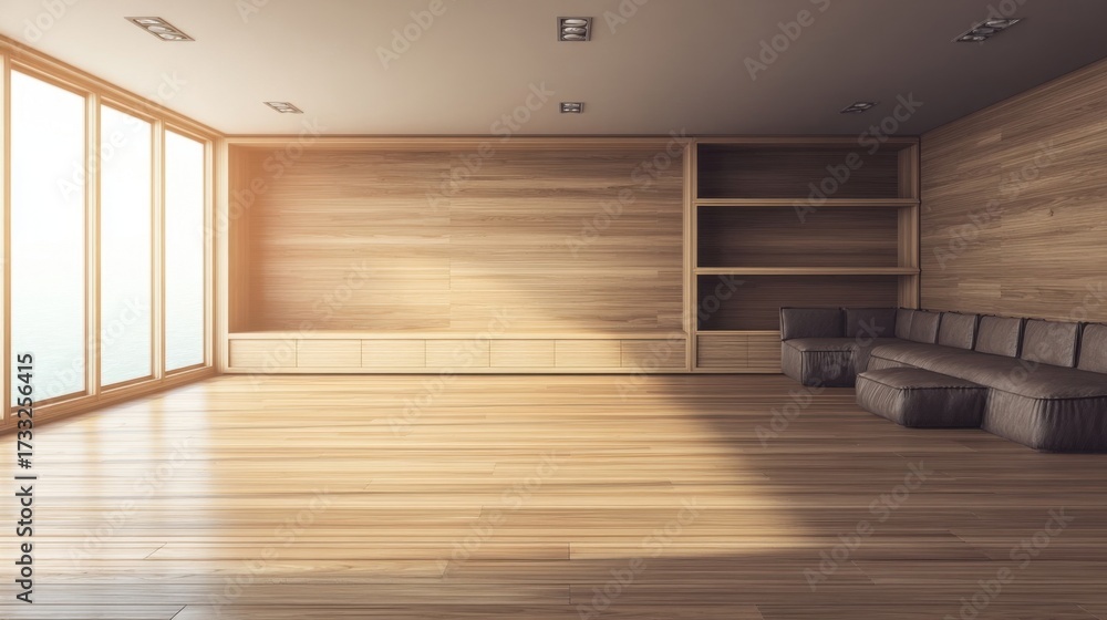 Fototapeta premium A minimalist interior with white walls and wooden flooring features built-in shelves and large windows,
