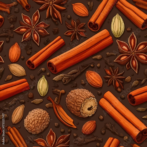 A rich, detailed pattern of various aromatic spices including cinnamon sticks, star anise, nutmeg, and cardamom on a dark background.