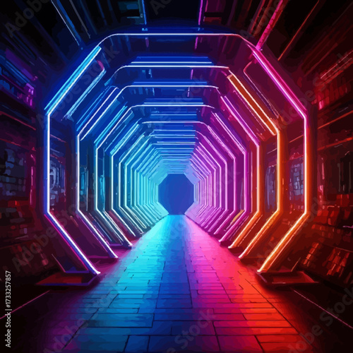 Futuristic 3D corridor design with an abstract tunnel of light leading to an empty hall
