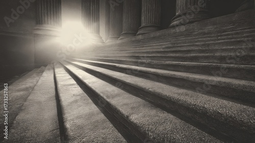 Classic marble staircase with tall columns casting striped shadows from sunlight,
