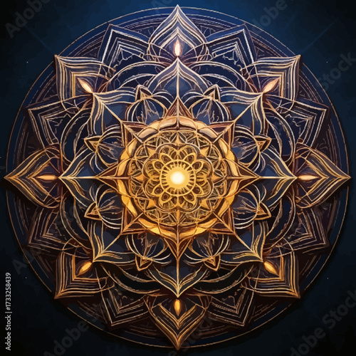 Abstract floral gold mandala ornament pattern with geometric texture on a dark background