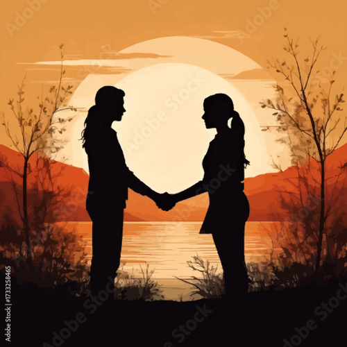 Romantic silhouette of a couple kissing at sunset