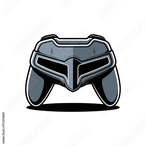 futuristic helmet controller hybrid, gamer shield emblem, angular mask shape, metallic highlights, esports team branding, modern vector