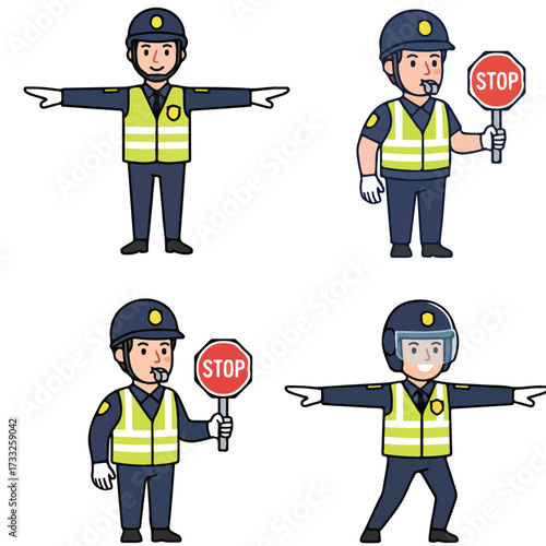 Vector Police Officer Illustration Set in Various Stop and Directing Poses
