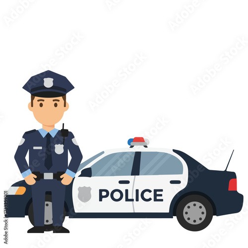 Vector Illustration of a Police Officer Standing Next to a Police Car