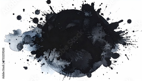 Dark blotched ink bursts outward from a central orb, a gradient of monochrome tones