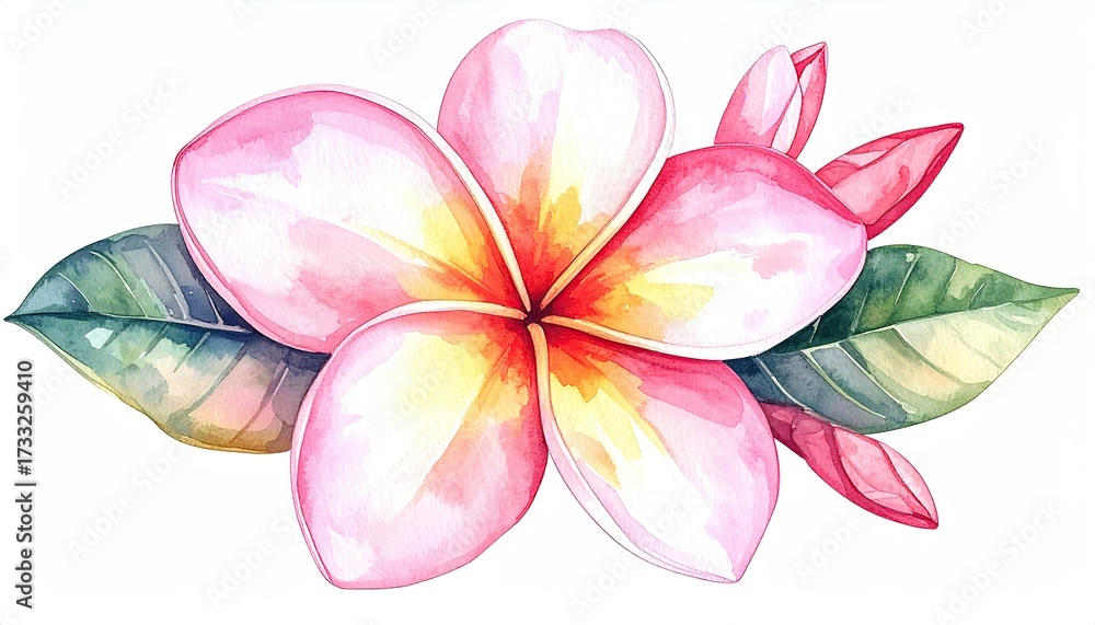 Fototapeta premium Watercolor painting of a pink and yellow flower with leaves and buds