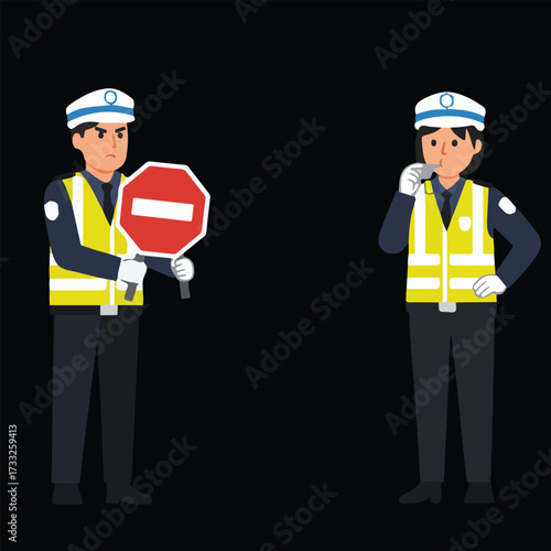 Two male traffic police officers with a stop sign and a whistle enforcing road rules