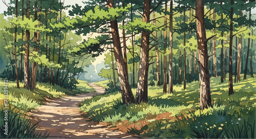 Serene autumn forest path with sunlight filtering through tall trees and lush greenery along the winding trail.