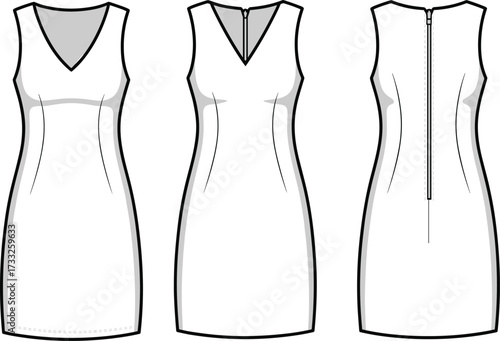 Flat vector technical fashion illustration of sleeveless dress, front back view, V-neckline, princess seam, zipper detail, garment construction