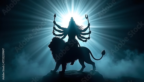 Powerful silhouette of goddess durga riding a lion under radiant light