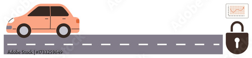 Car driving on a road, analytics chart, and lock symbol emphasize vehicle security, data protection, monitoring, road safety, encryption, digital solutions and system reliability. Clean flat