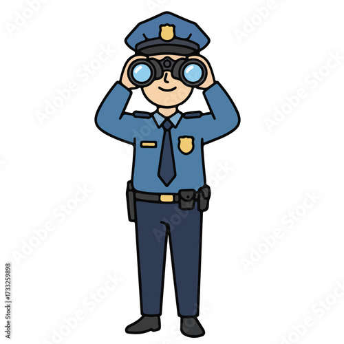 Vigilant cartoon police officer on watch, looking through binoculars for surveillance