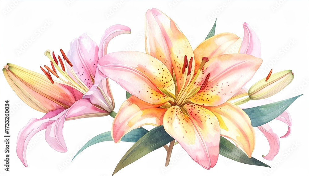 Naklejka premium Watercolor illustration of pink and orange lilies, green leaves on a white background