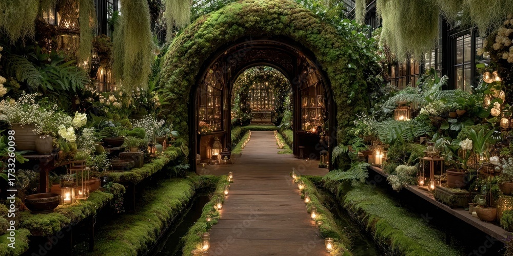 Fototapeta premium Ornate Victorian greenhouse filled with exotic carnivorous plants and hanging moss
