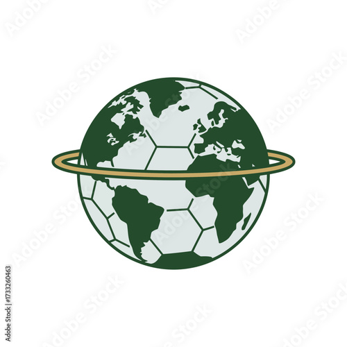 Soccer globe planet, football world with orbit ring, international tournament concept, global sports branding, creative vector emblem