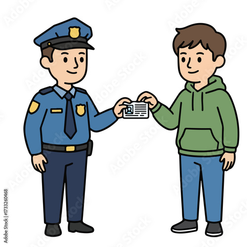 Police officer shows identification to a young man