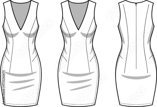Flat vector technical fashion illustration of sleeveless fitted dress, front back view, deep V-neck, princess seam, garment construction