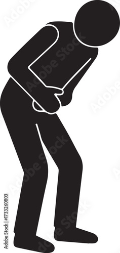 Stick figure icon of a person holding stomach isolated on white background