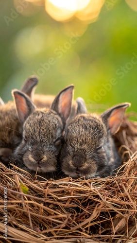 Three baby rabbits nestled in straw