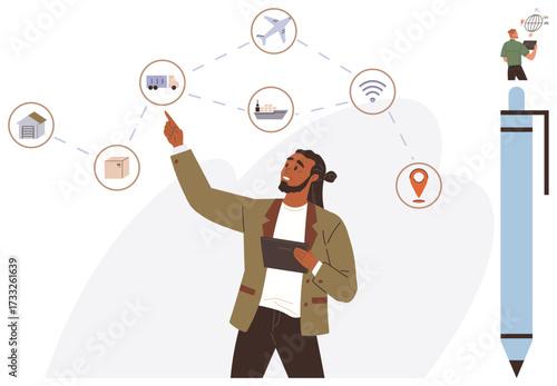 Man pointing at interconnected icons of logistics, shipment, and communication with a digital tablet. Ideal for logistics, global trade, technology, supply chain, planning innovation business. A
