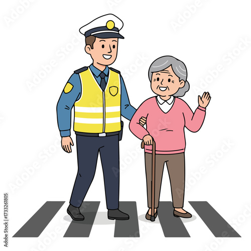 A friendly police officer helps a senior woman with a cane safely cross the street at a pedestrian crosswalk illustration