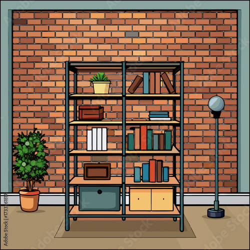 Library interior, empty room for reading with books on wooden shelves