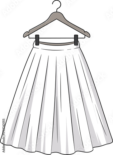 White pleated skirt, elegant fashion, high waist design, wardrobe essential, minimalist style, clothing hanger, apparel display, boutique, flat vector