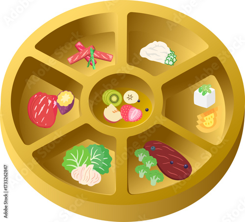 Elegant Gold Compartment Pet Bowl with Festive Meal – Luxury Dog Food Illustration
