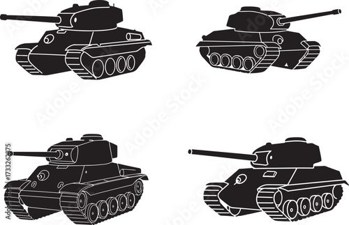 Four Black and White Tank Silhouettes in a Grid Pattern for Military Designs