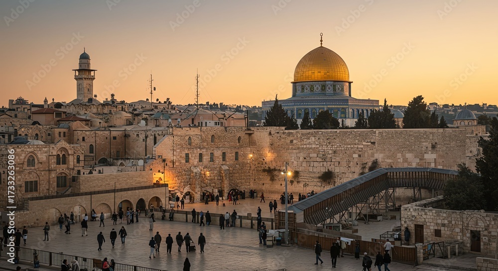 Fototapeta premium Historic Jerusalem Old City with Golden Dome and Stone Walls at Sunset