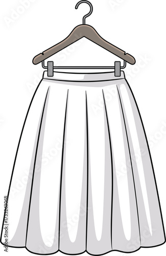 White pleated skirt, high waist fashion, elegant clothing, wardrobe staple, minimalist style, hanging on hanger, flat vector illustration