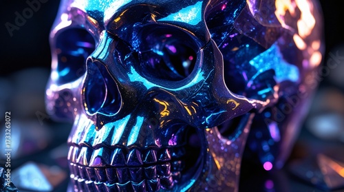 macro close-up texture of crystal skull surface, shimmering facets with glowing highlights