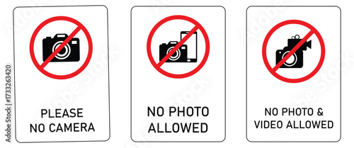 “No Photography & Mobile Device Warning Signs Set – Prohibition Icons for Cameras, Phones, and Video Recording in Red Circle Slash Vector”