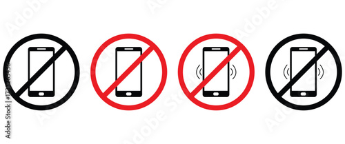 “No Photography & Mobile Device Warning Signs Set – Prohibition Icons for Cameras, Phones, and Video Recording in Red Circle Slash Vector”