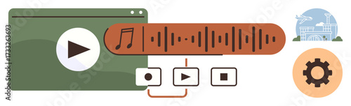Media player window with play icon, sound wave visualization, playback controls, gear for settings, and concert building. Ideal for entertainment, technology, streaming, UIUX sound design digital