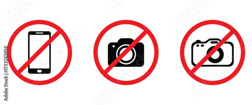 “No Photography & Mobile Device Warning Signs Set – Prohibition Icons for Cameras, Phones, and Video Recording in Red Circle Slash Vector”