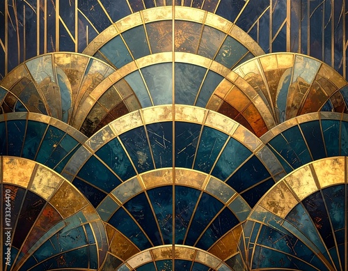 Art Deco fan-shaped pattern in gold and dark blue