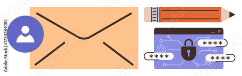 Envelope with profile icon, pencil, and secure login screen with password and lock. Ideal for communication, cybersecurity, privacy, secure access, identity, authentication simple flat metaphor