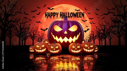 Purple Jack-o'-Lantern Group and Red Full Moon Background - Happy Halloween Wide Banner - Spooky Night Poster