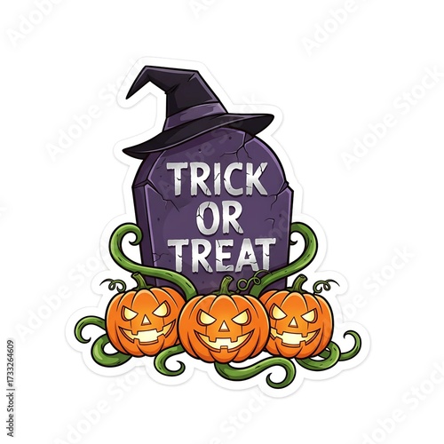 Cartoon Sticker Design of Tombstone and Jack-o'-Lanterns - Trick or Treat Halloween Graphic - Die-Cut Decal Illustration
