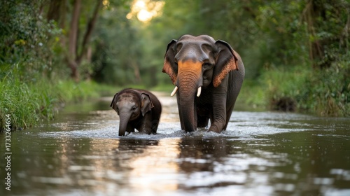 Elephants navigating a river landscape, a serene bond between generations in nature's embrace