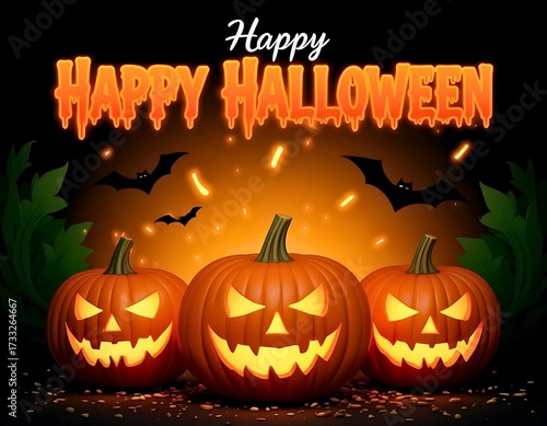 Three Glowing Jack-o'-Lanterns and Bats Background - Happy Halloween Dark Party Flyer - Spooky Digital Art