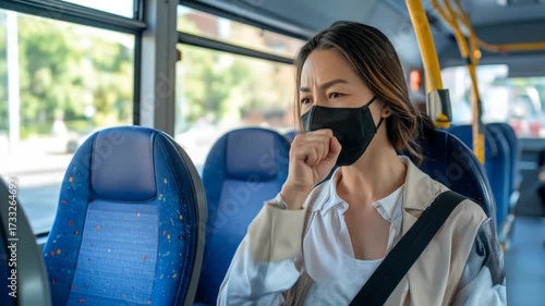 Wallpaper Mural Asian woman coughing on a bus wearing face mask with virus protection concept. Torontodigital.ca